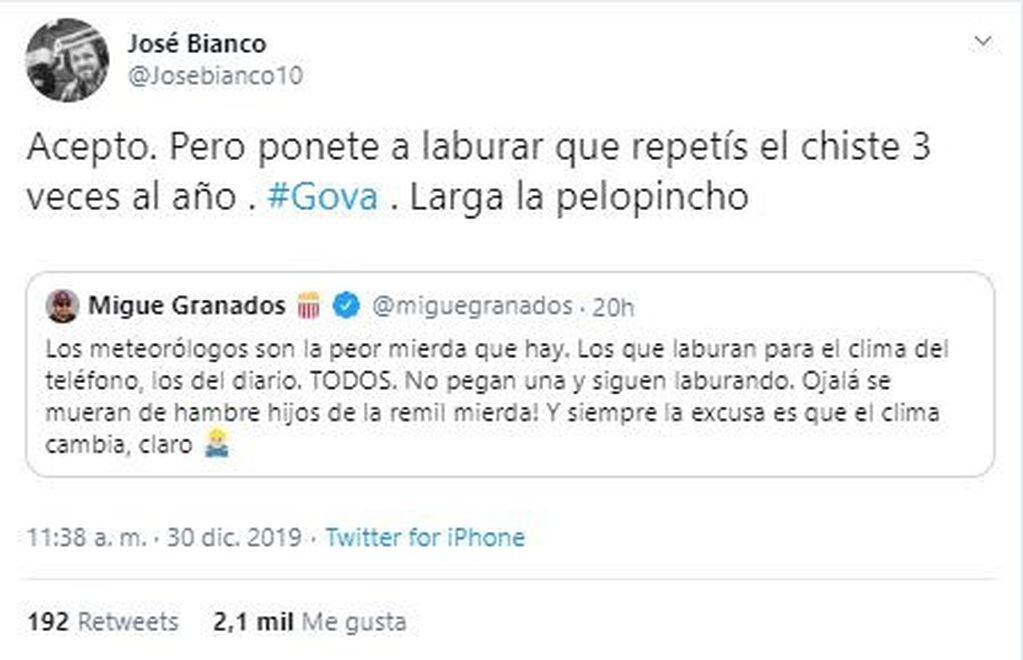 José Bianco le repondió a Migue Granados tras su ataque contra los meteorólogos (Captura de Twitter/ @josebianco10)