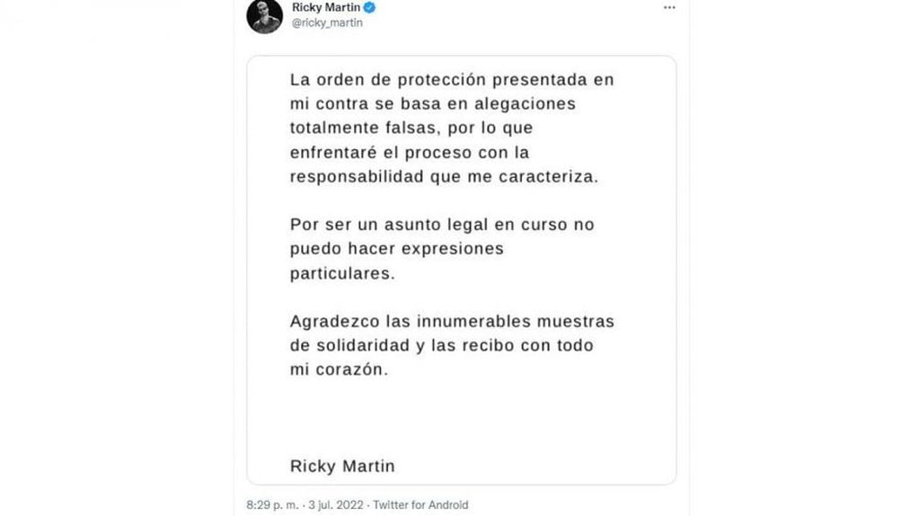 El descargo de Ricky Martin tras la denuncia de violencia en su contra.