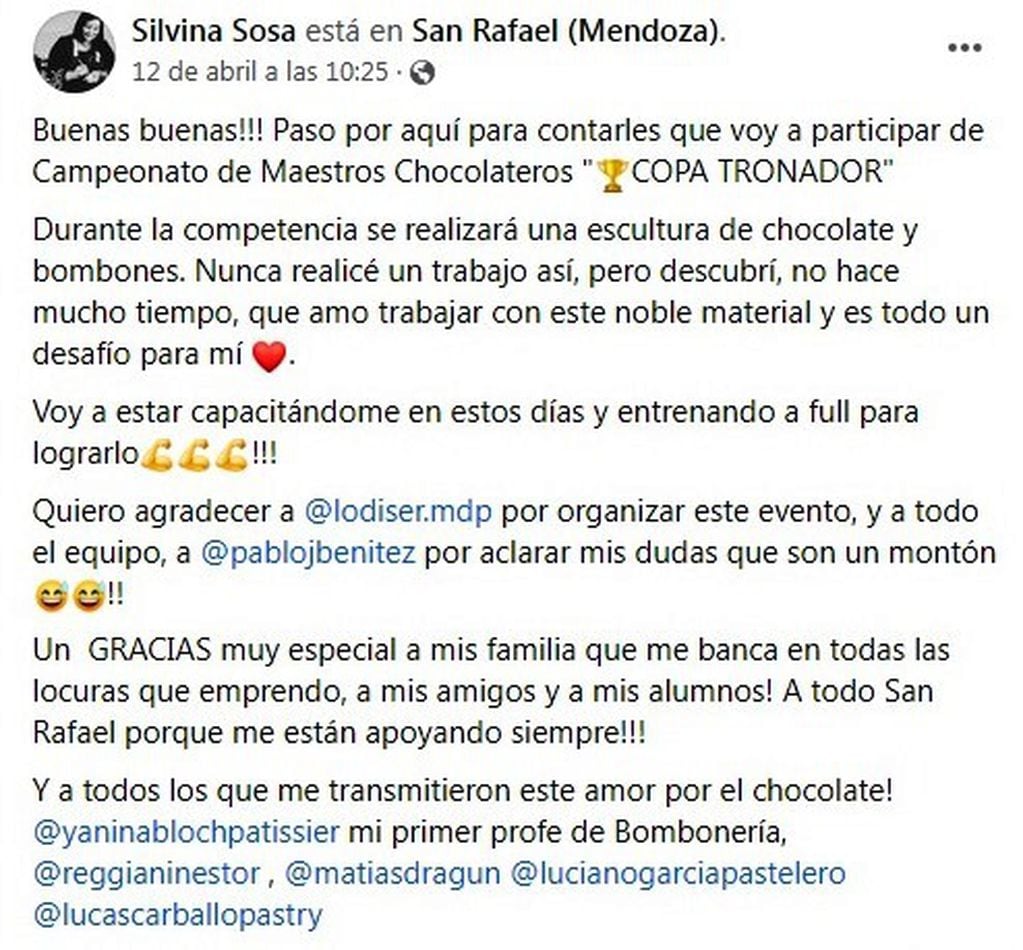 Silvina Sosa representará a San Rafael en el campeonato nacional de Maestros Choclateros.