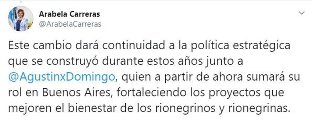 Arabela Carreras se expresó a través de redes sociales luego del acto de asunción (web).