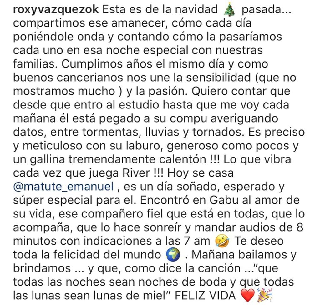 La periodista Roxy Vazquez compartió un tierno mensaje para Matías Bertolotti