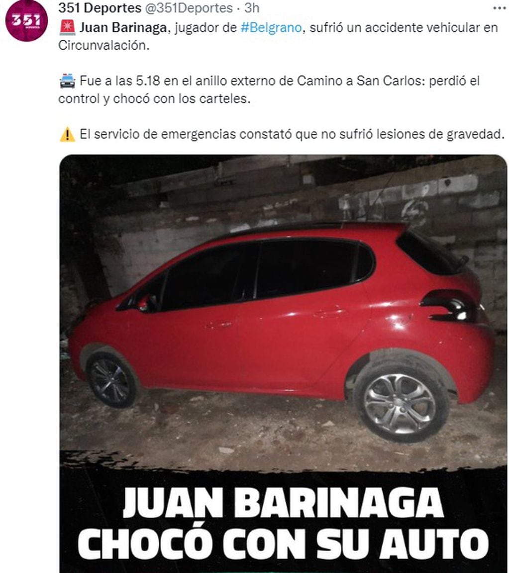 El automóvil de Juan Barinaga, el futbolista de Belgrano que chocó en avenida Circunvalación.