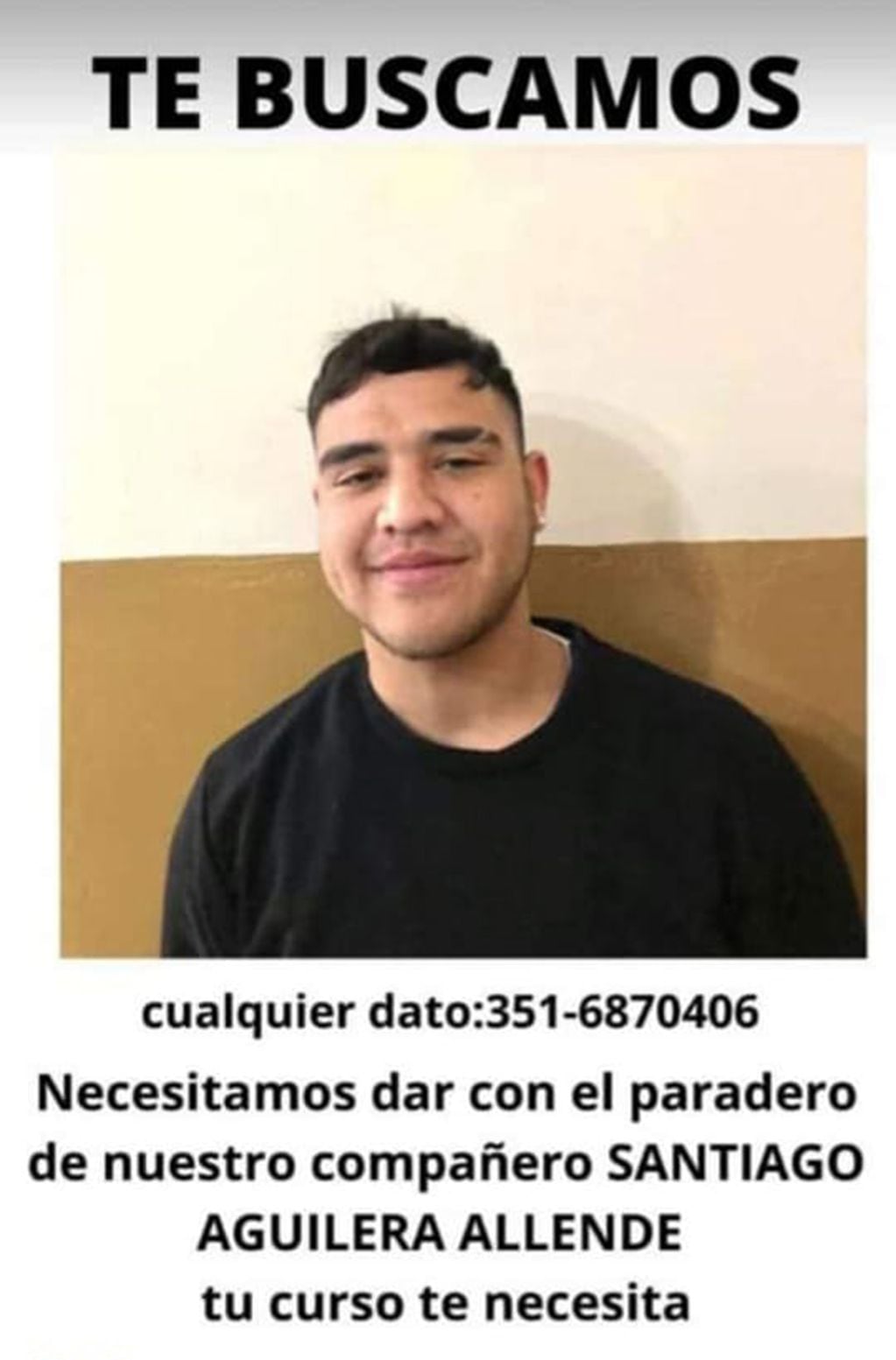 Posteo de la campaña de búsqueda de Santiago Aguilera Allende, el joven que continúa desaparecido en el Valle de Traslasierra, Córdoba.