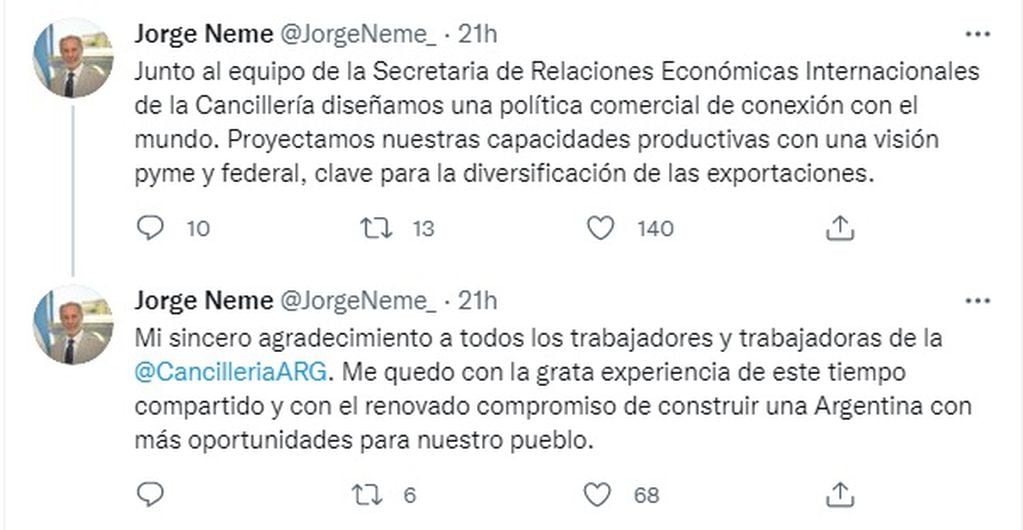 El tuit de despedida de Jorge Neme.