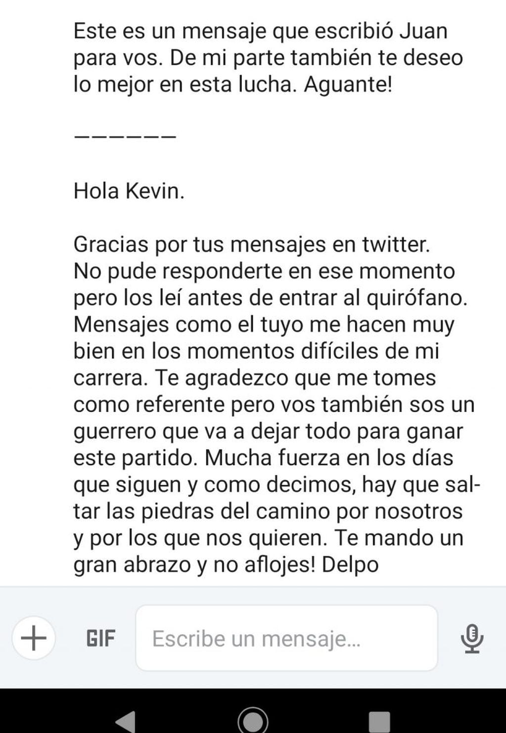 El mensaje de Juan Martín Del Potro para su admirador (Foto: Twitter/KevinTurco).