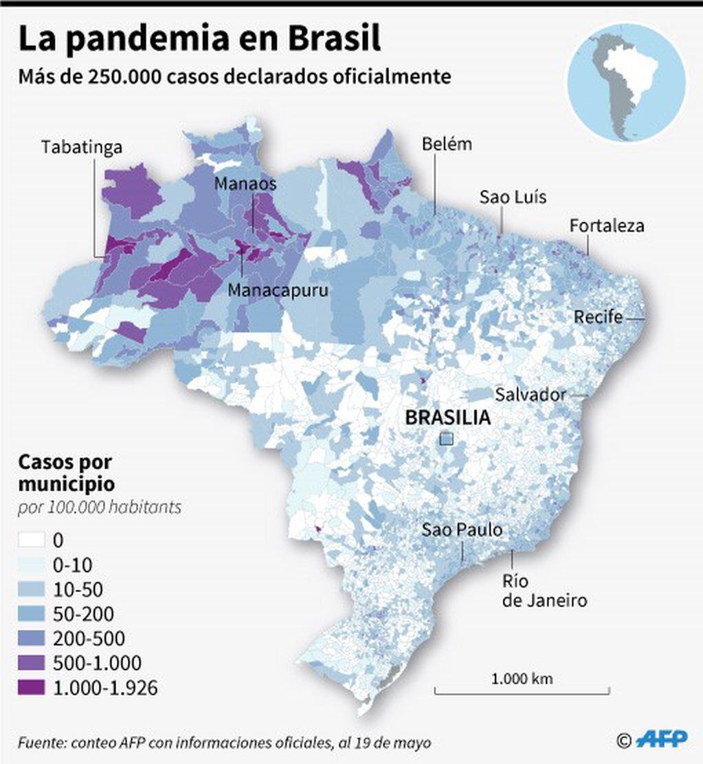 Casos de coronavirus en Brasil por 100.000 habitantes y por municipio. (AFP)