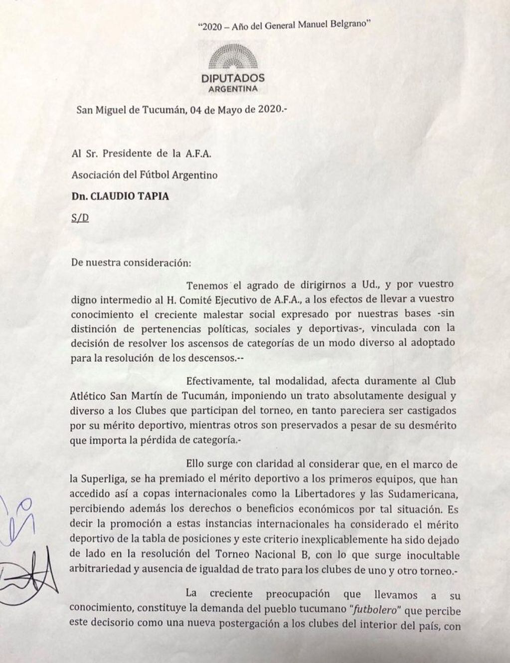 Carta de los Diputados de Tucumán a Claudio Tapia, presidente de la Asociación del Fútbol Argentino (Twitter: @JCanoOK)