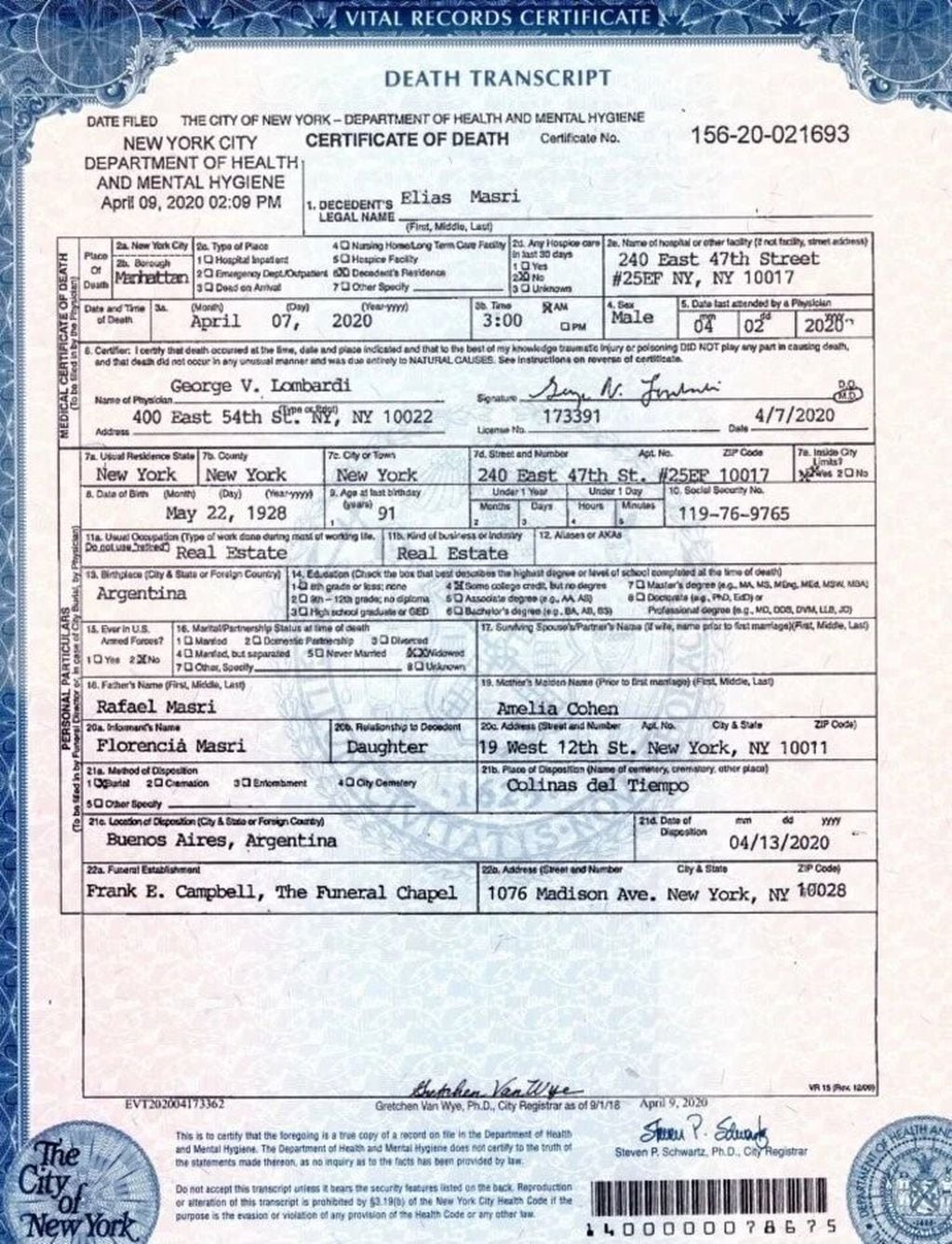 El certificado de defunción que le entregaron a Aerolíneas Argentinas.