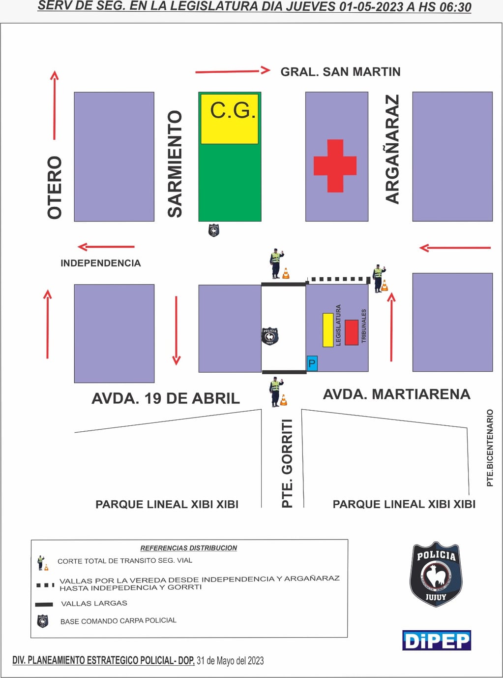 Gráfico proporcionado por la Policía de la Provincia de Jujuy detallando los cortes de calles previstos para este jueves en torno a la Legislatura.