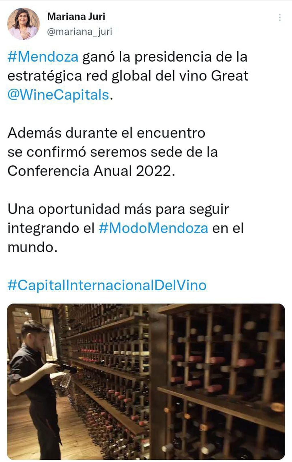 Publicación de la Ministra de Cultura y Turismo de Mendoza en su cuenta de Twitter.