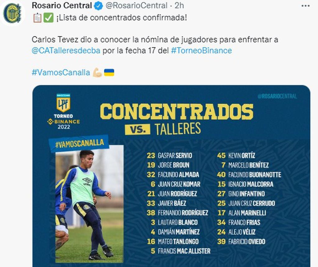Carlos Tevez y la lista de concentrados para enfrentar a Talleres. Con Juan Cruz Komar.