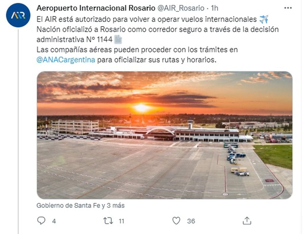 Habilitan al Aeropuerto de Rosario para vuelos internacionales. (@AIR_Rosario)