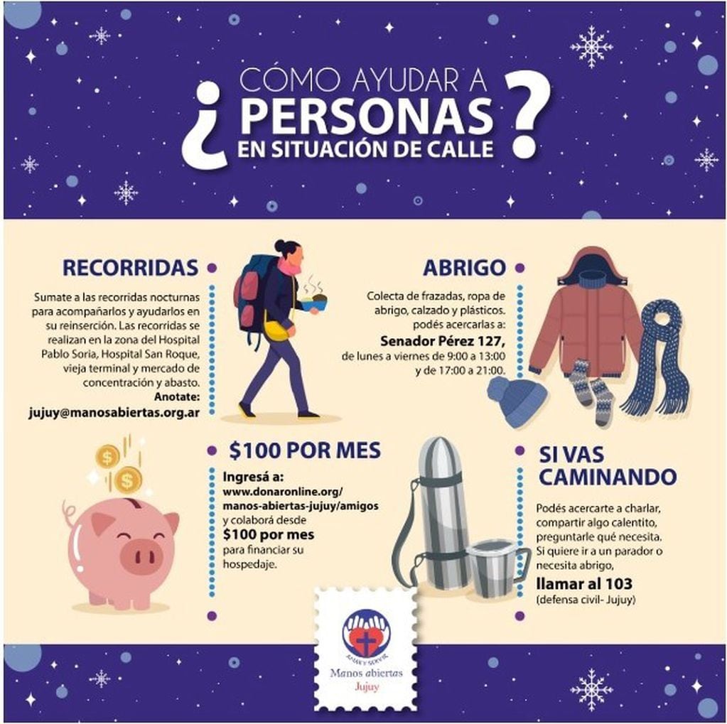 Manos Abiertas Jujuy difundió una guía para ayudar a personas en situación de calle.