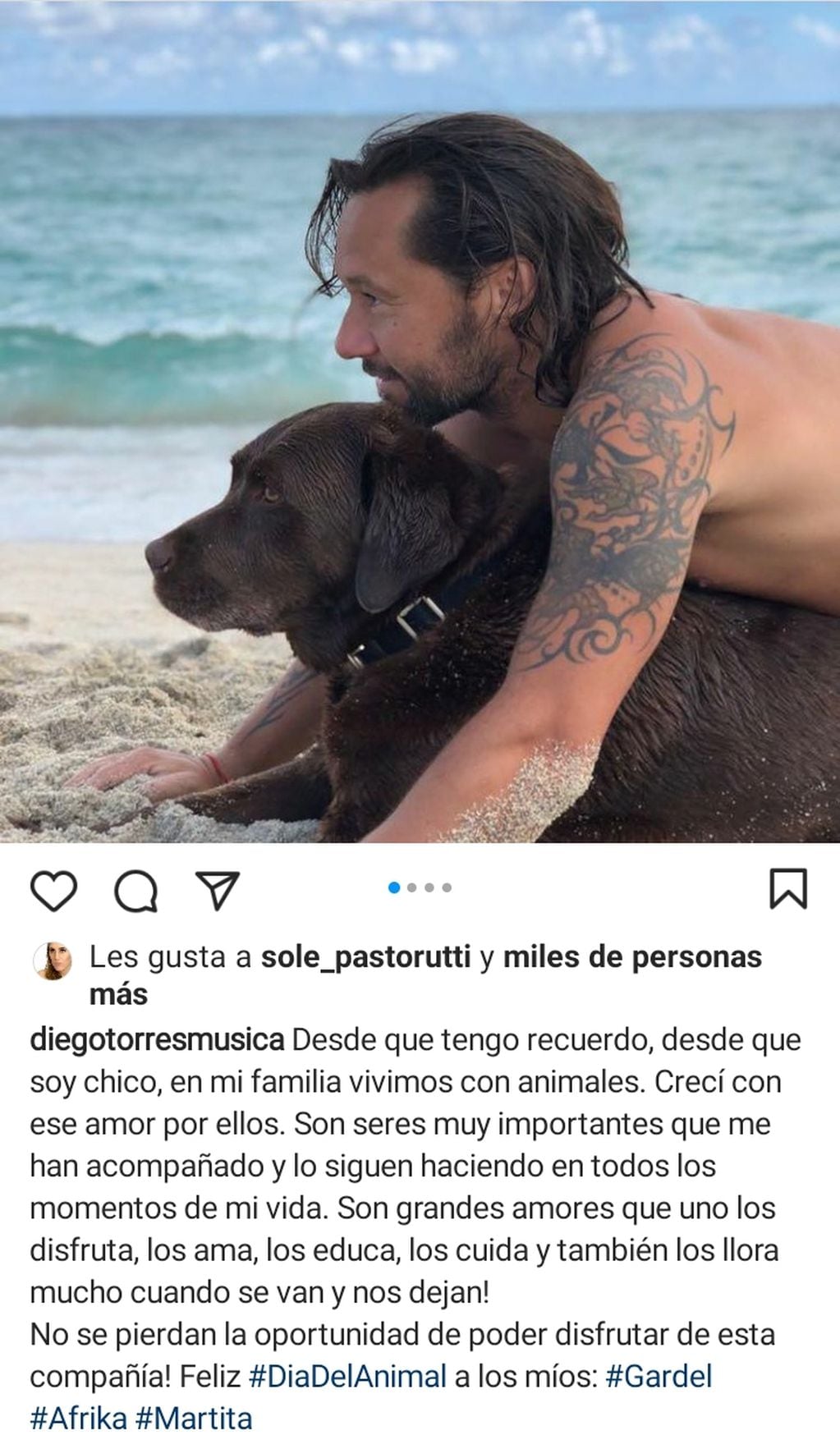 En un posteo de Instagram, Diego Torres saludó a sus mascotas.