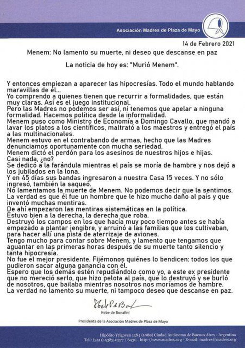 El comunicado de Hebe Bonafini tras el fallecimiento de Menem.