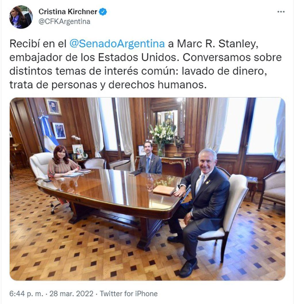 El mensaje de Cristina Kirchner tras recibir al embajador de Estados Unidos