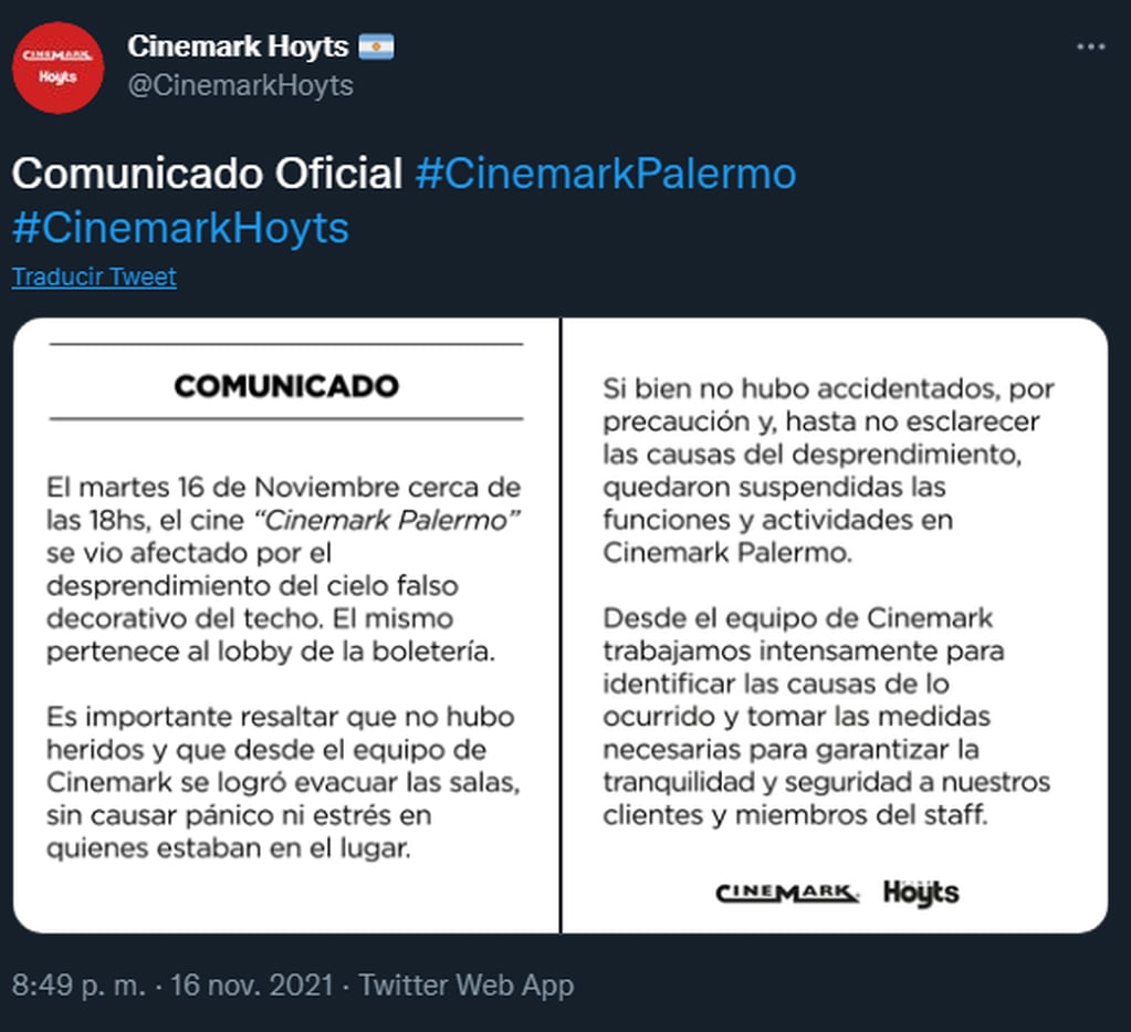 Comunicado Oficial del Cinemark Palermo
