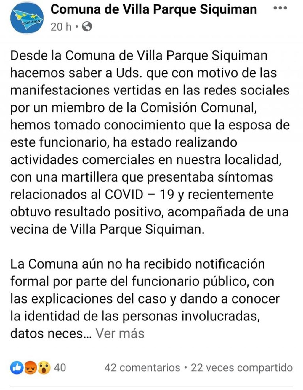 Comunicado oficial de la Comuna de Villa Parque Síquiman. (Foto: captura / Facebook).
