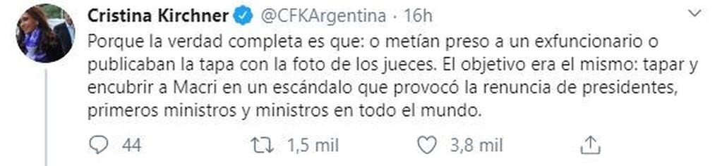 Cristina Kirchner en Twitter.