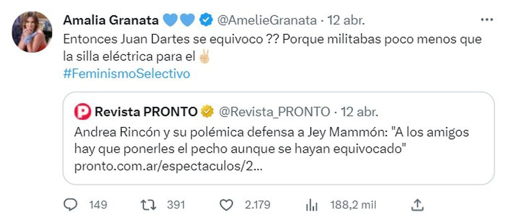 El tweet de Amalia Granata por la defensa de Andrea Rincón a Jey Mammon.