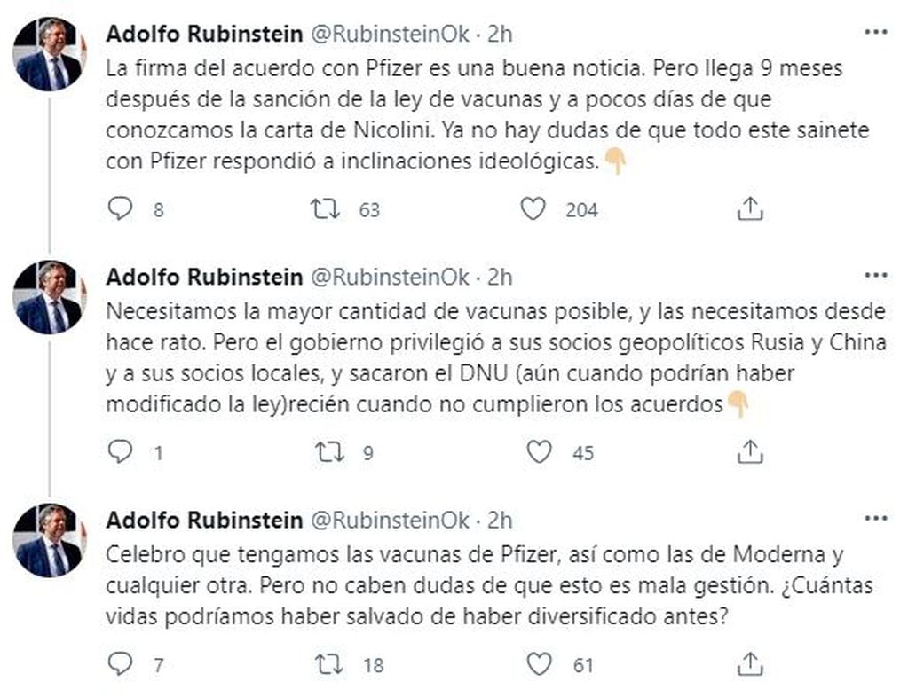 El tuit de Adolfo Rubinstein