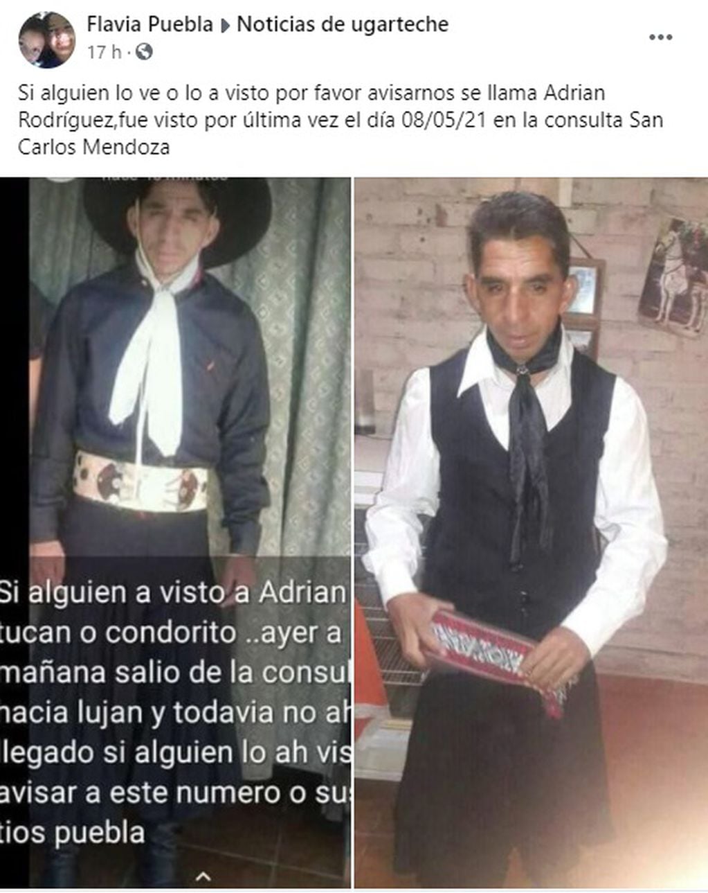Familiares de Adrián Rodríguez continúan buscándolo. Viajó hacia Luján de Cuyo.