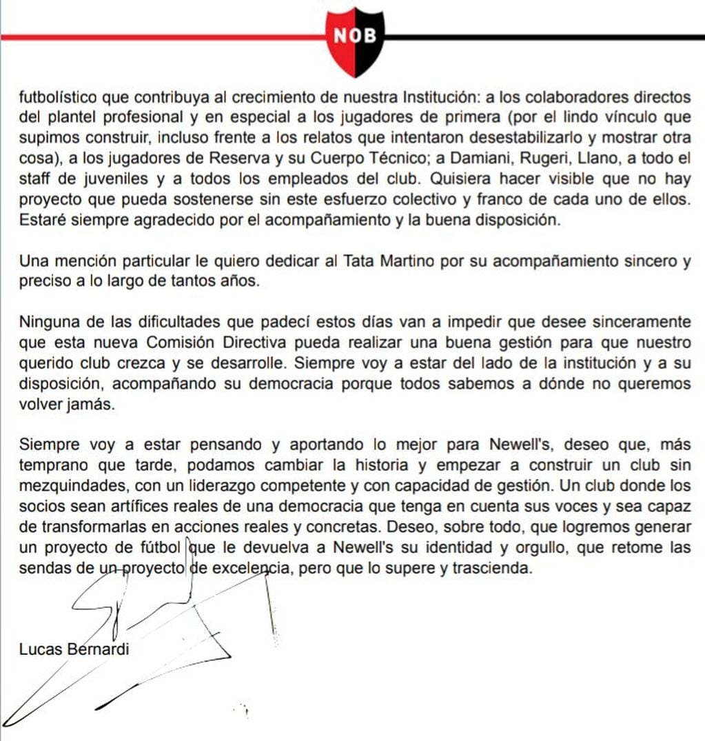 Carta de renuncia de Lucas Bernardi como manager de Newell's