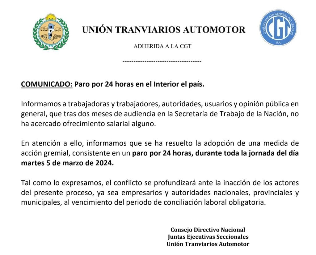 Paro de transporte: UTA confirmó la medida de fuerza pero no afectará a Córdoba