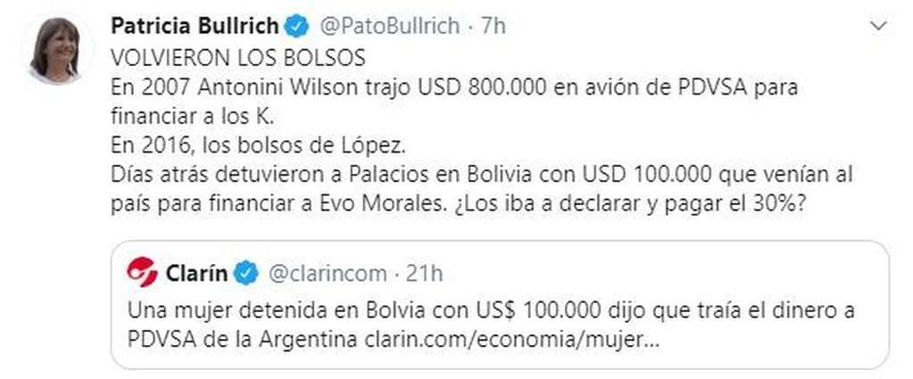 Para Bullrich, "volvieron los bolsos", tras la detención de una mujer con dólares sin declarar. (Twitter @PatoBullrich)