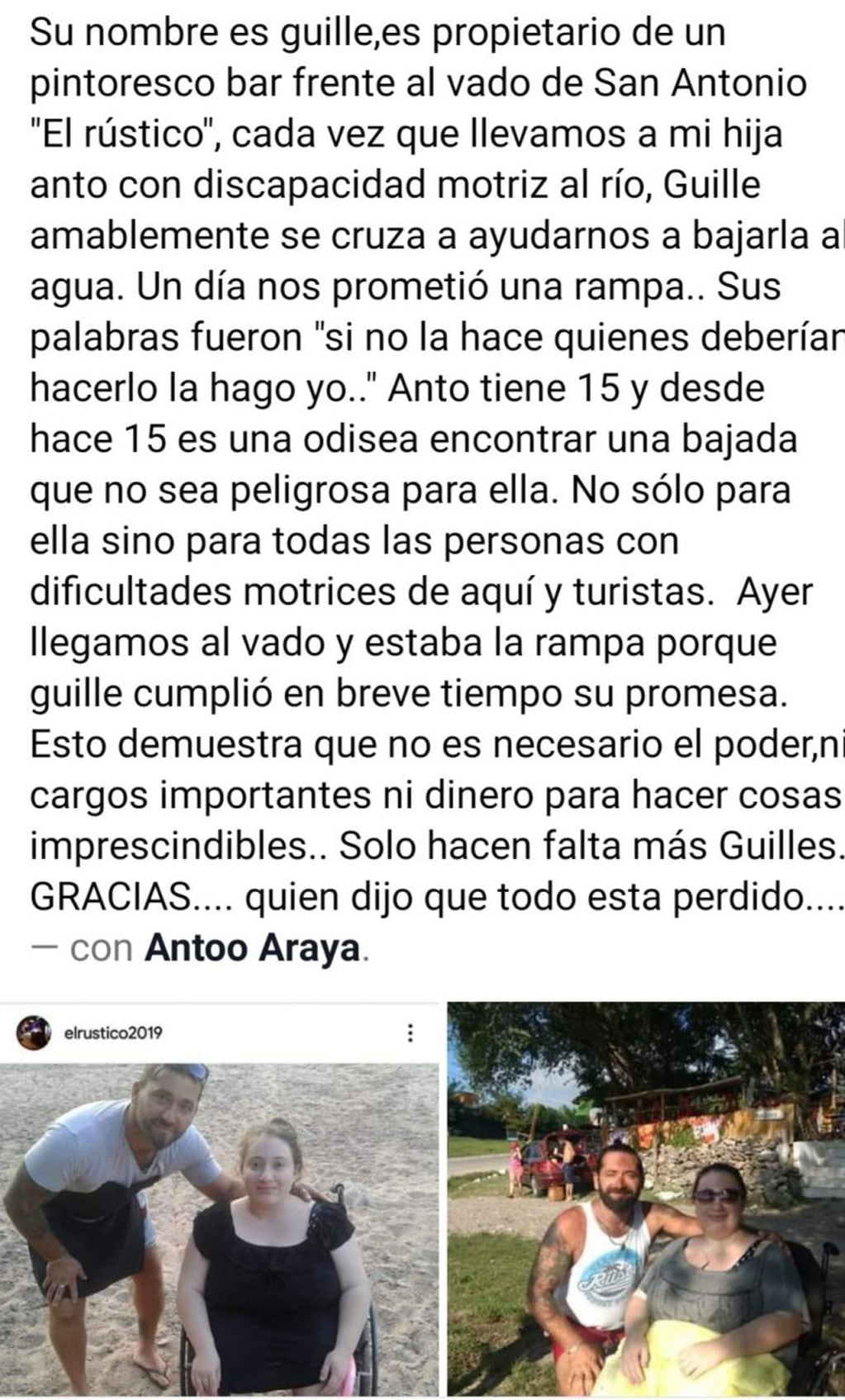 La publicación de Analía, mamá de Antonella ni bien supo de la nueva rampa en san Antonio. (Foto: captura de pantalla Facebook).