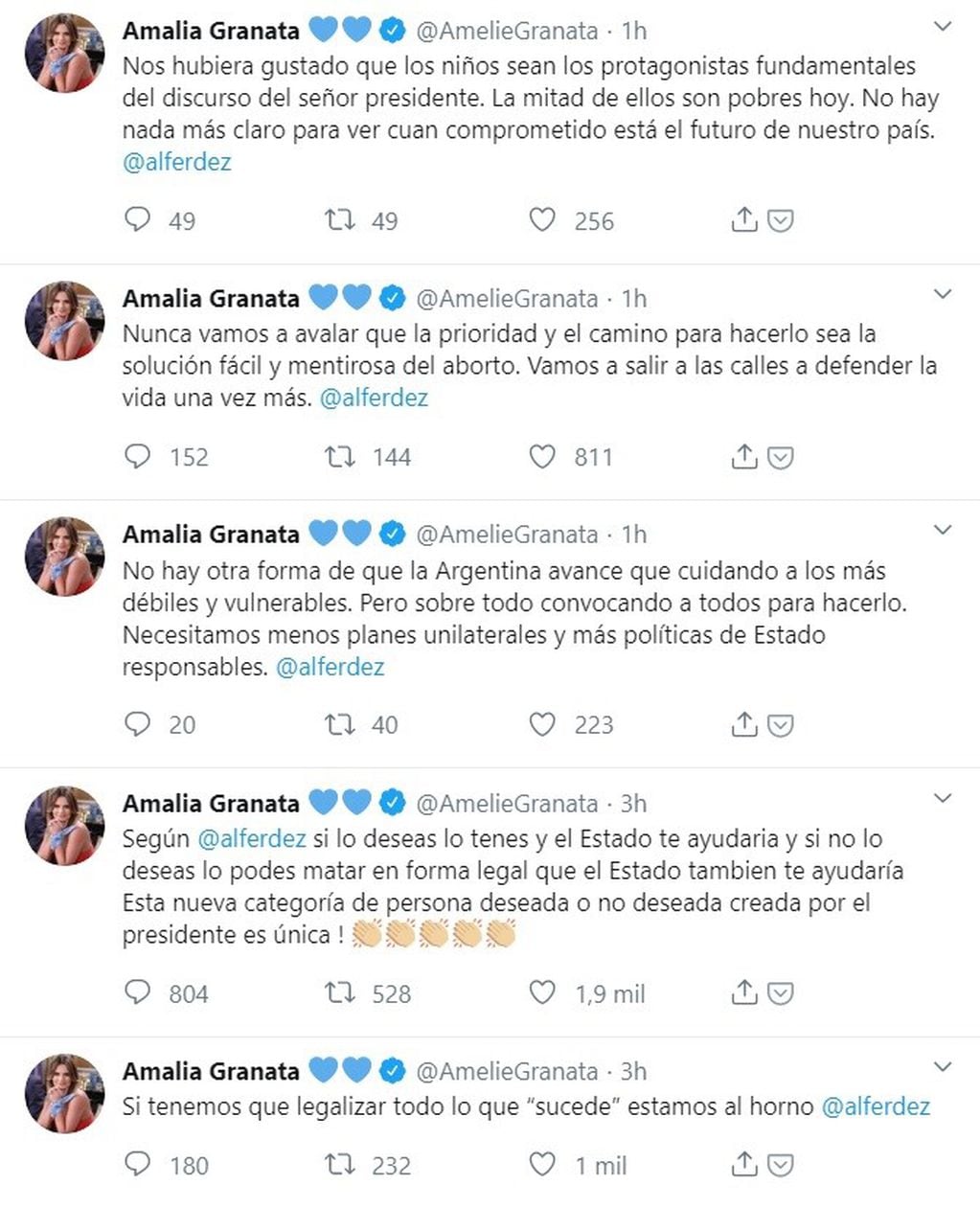 Algunos de los twits de Granata en contra del anuncio de Fernández.