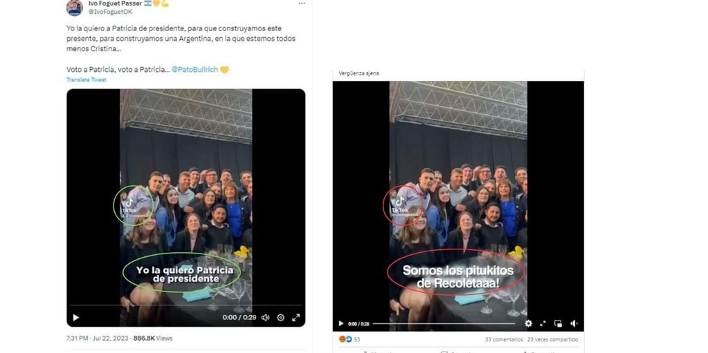 Comparación entre una captura de pantalla de una publicación en X del video original (I) y una captura del video manipulado en Facebook, hechas el 28 de julio.