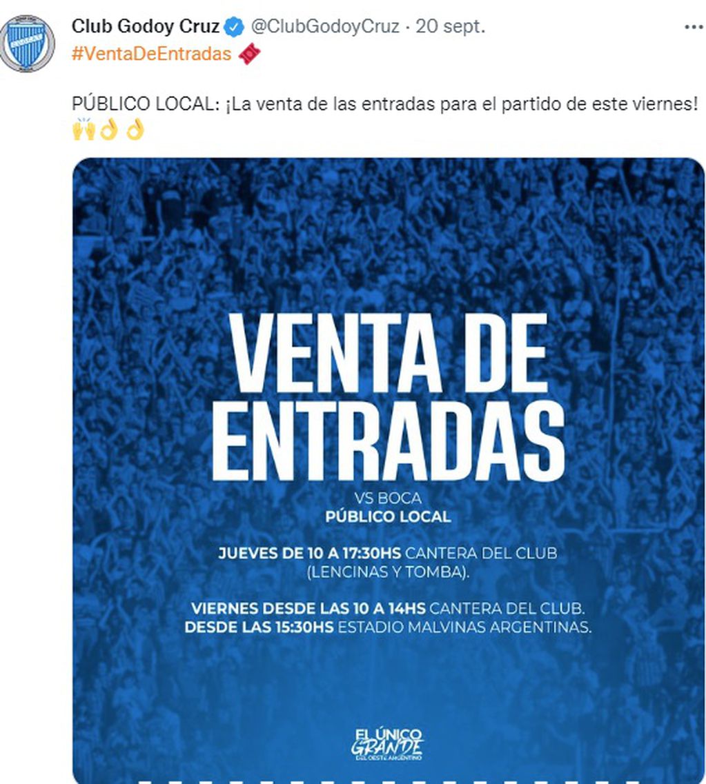 Godoy Cruz, venta de entradas para el partido del ciernes por la Liga Profesional de Fútbol.