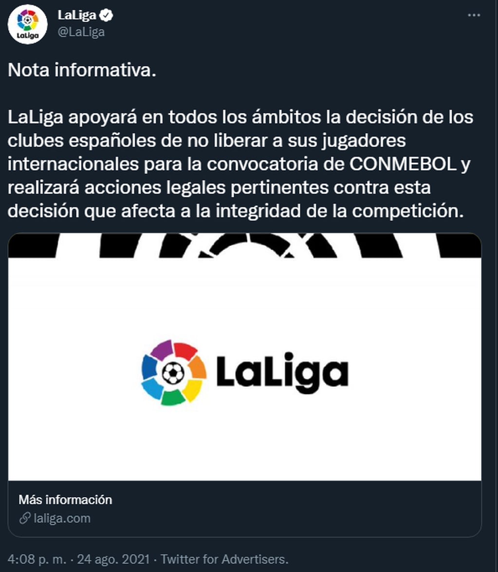 LaLiga apoyará a los clubes españoles que no liberen jugadores en la próxima fecha FIFA