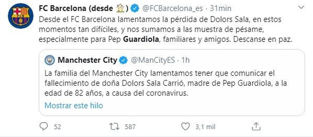 Mensaje de Barcelona para Guardiola. (Twitter)