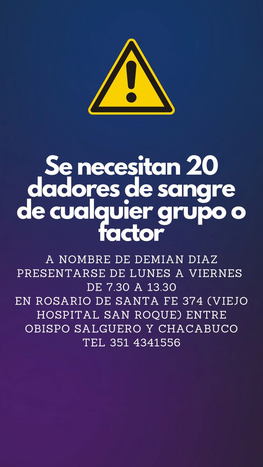 Demian Díaz necesita 20 dadores de sangre.