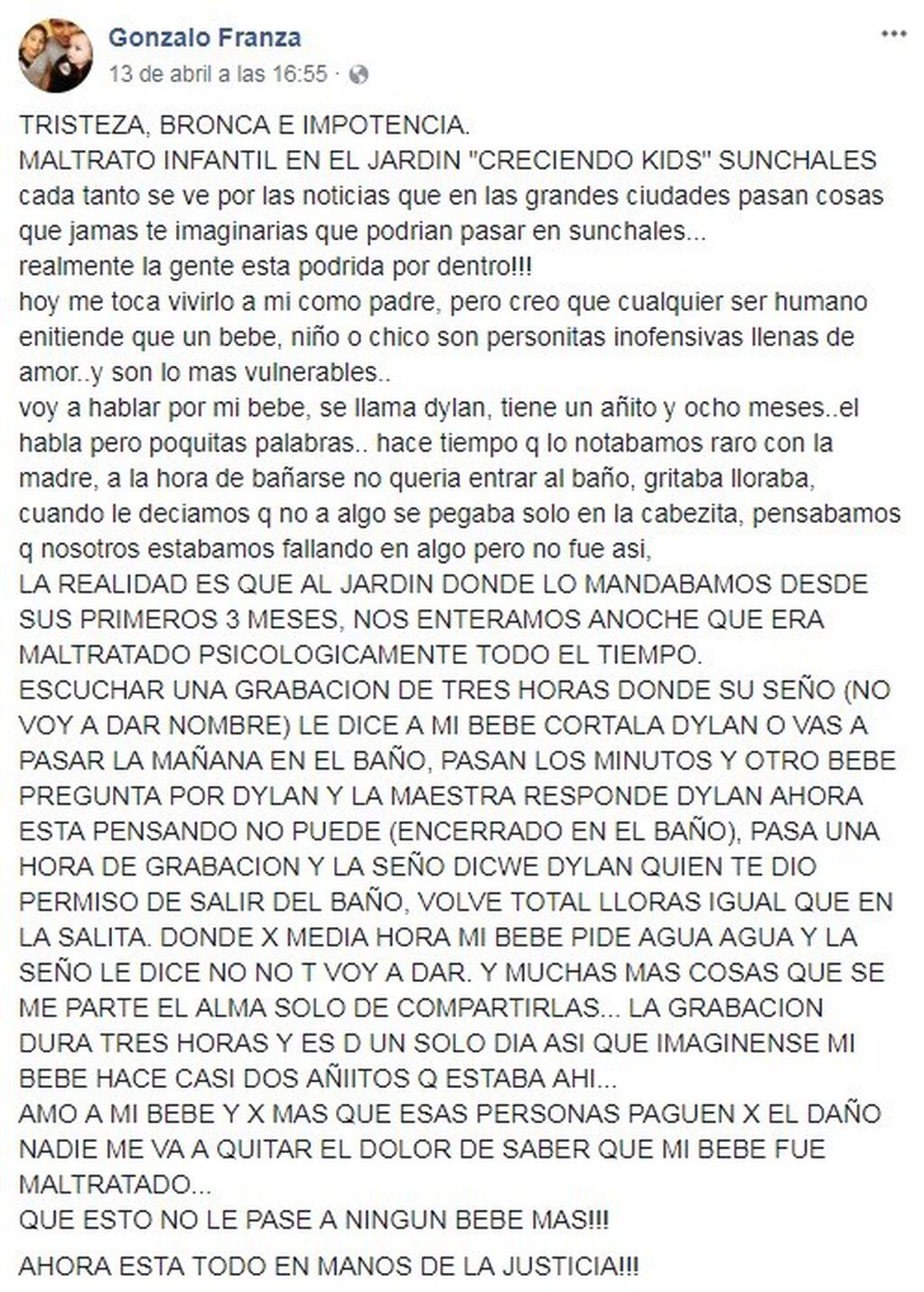 La publicación en Facebook que desató la polémica sobre el presunto maltrato en un jardín maternal de Sunchales. (Captura de pantalla)