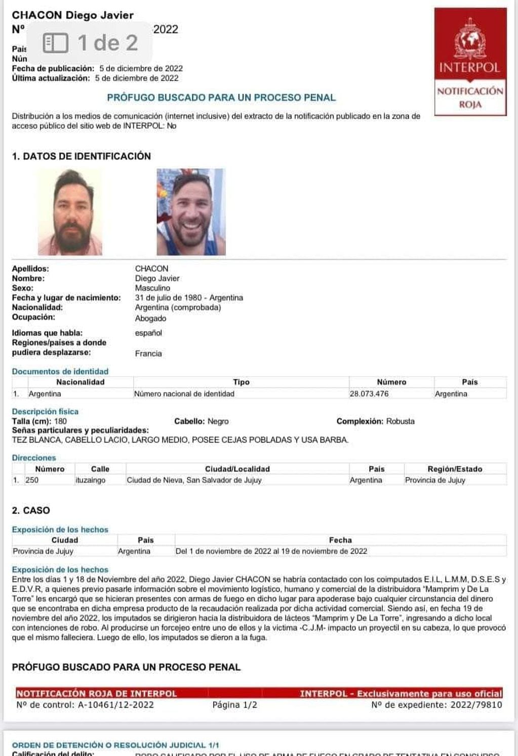La "notificación roja" de Interpol activada para búsqueda del abogado jujeño que finalmente fue apresado en el Mundial de Qatar.