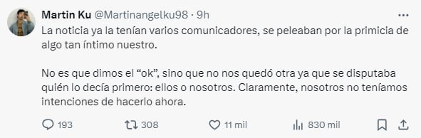 El enojo de Martín Ku con los comunicadores que contaron que será papá junto a Marisol