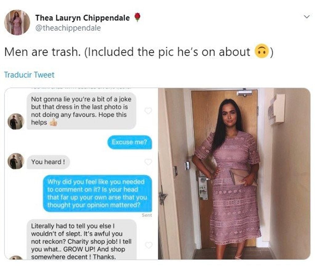 Thea Lauryn Chippendale expuso en Twitter al hombre que se burló de su vestido en Tinder