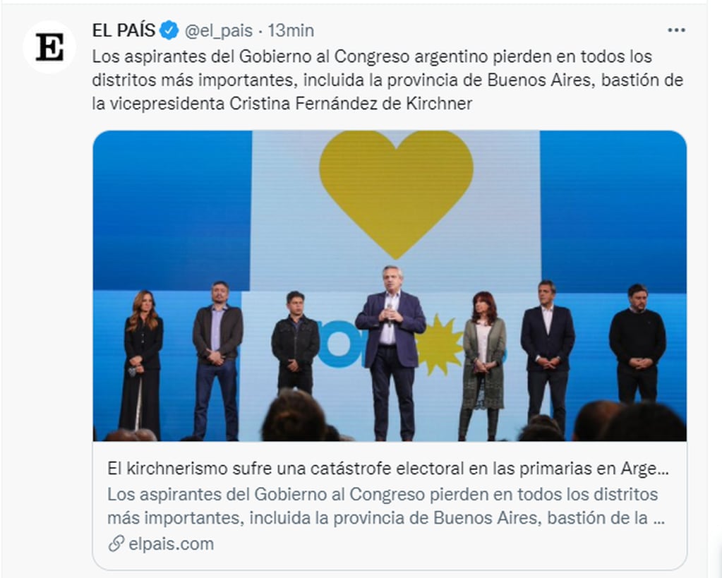 El diario español El País tuiteó acerca de los resultados de las PASO.