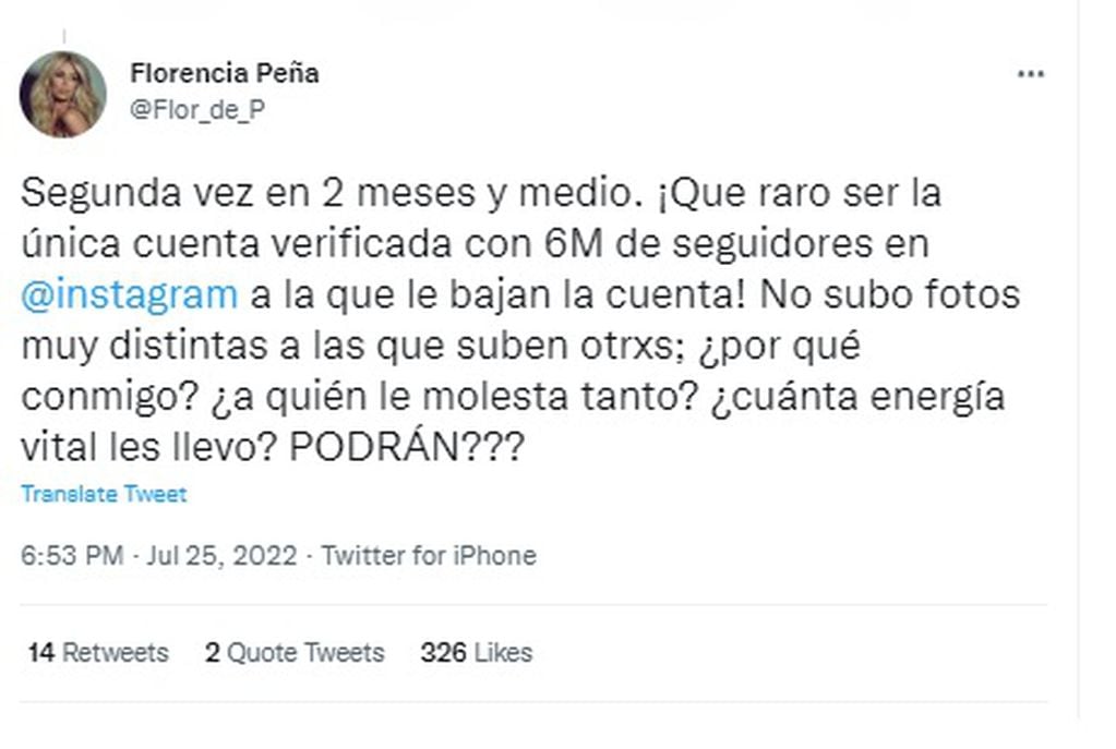 El descargo de Flor Peña tras la suspensión de su cuenta de Instagram.
