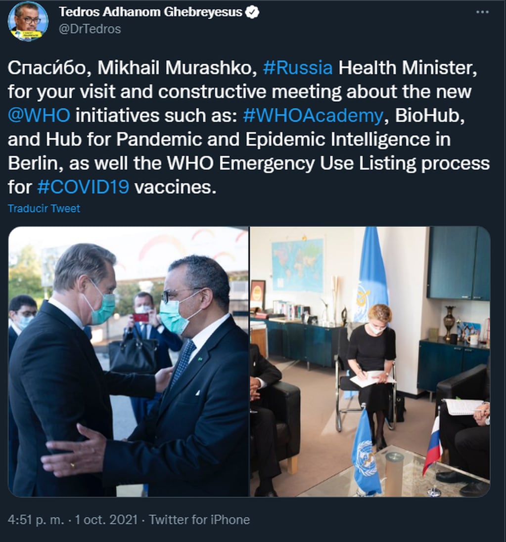 El director de la Organización Mundial de la Salud calificó como un “constructivo encuentro” el que mantuvo con el ministro de Salud de Rusia