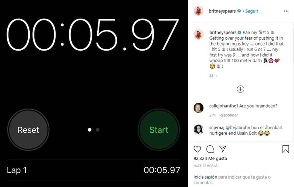 La publicación de la cantante sobre su "tiempo récord" (Instagram/@BritneySpears)