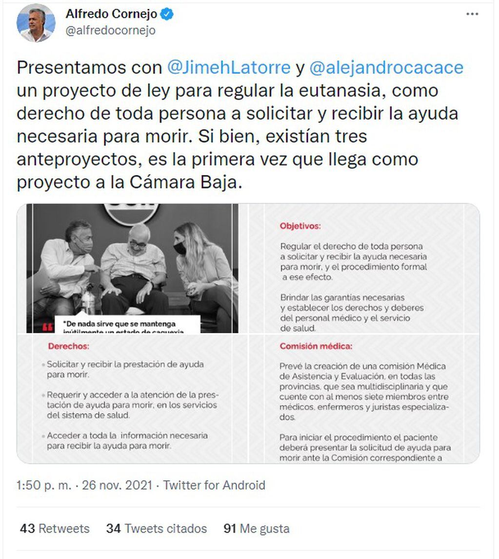 El Tweet en la que Alfredop Cornejop anunció la presentación del proyecto de ley.