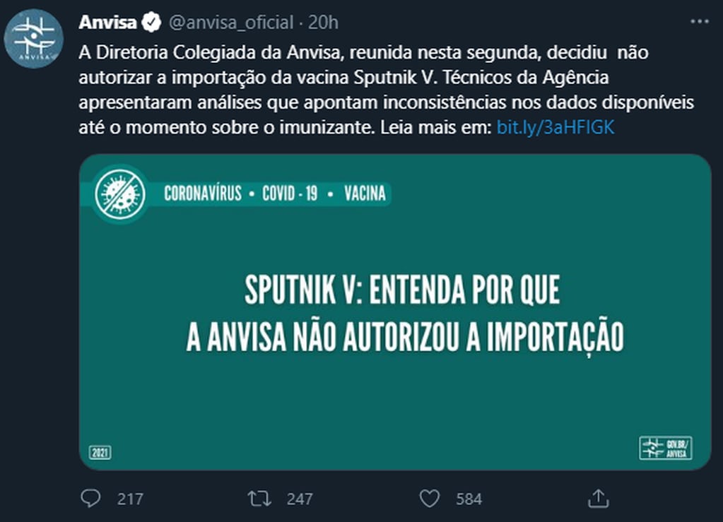 Regulador brasileño niega permiso para importar vacuna Sputnik V contra covid-19 (Foto: Twitter)