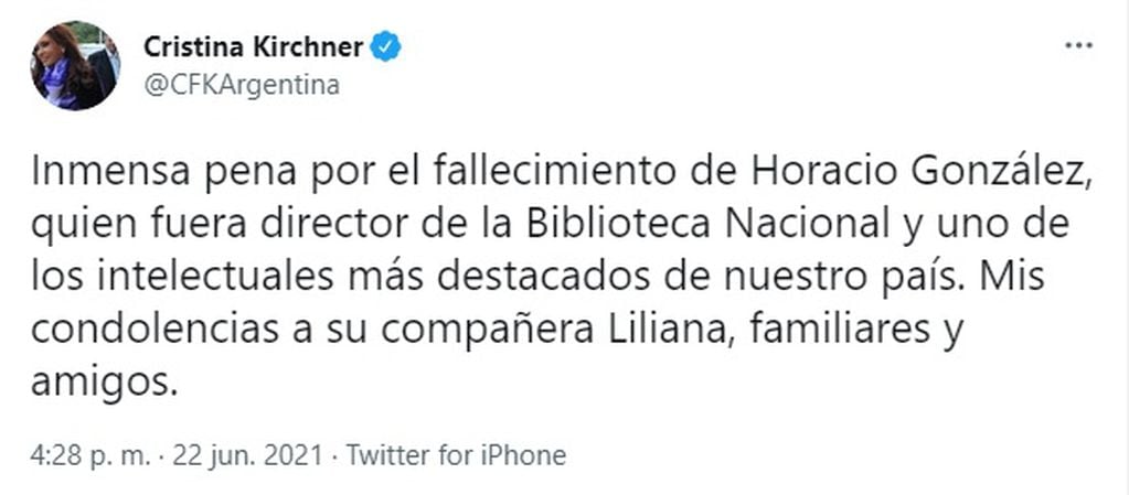 Cristina Kirchner despidió a Horacio González en Twitter. (Twitter: @CFKArgentina)
