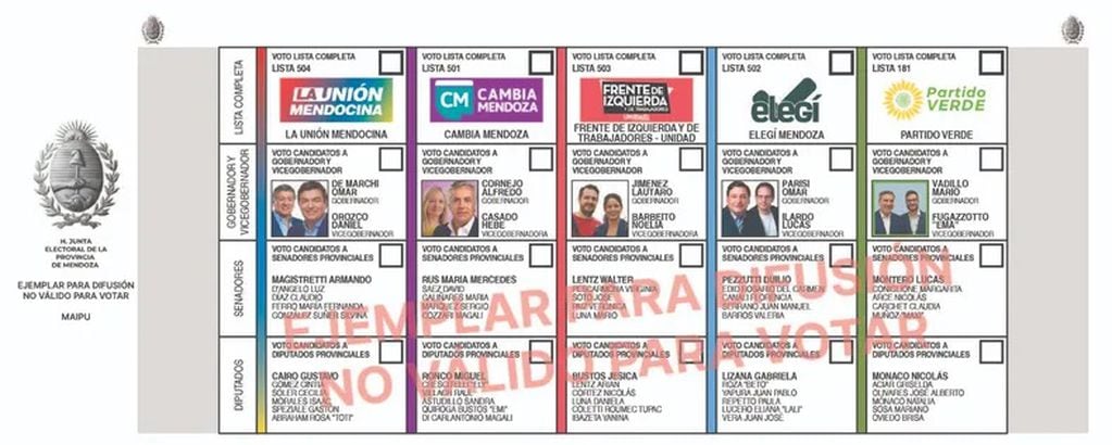 Maipú: Boletas por departamentos y sus candidatos para las Elecciones en Mendoza 2023