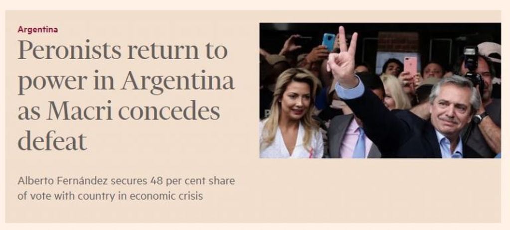 Financial Times: "Peronistas vuelven al poder en Argentina y Macri reconoce la derrota".