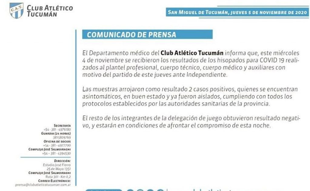 Comunicado oficial de Atlético Tucumán.